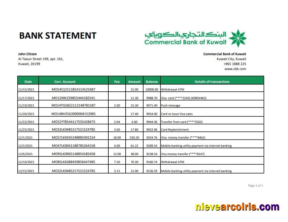 Kuwait Commercial Bank statement easy to fill in .xls and .pdf file format